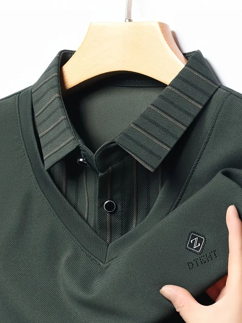 Men’s Green V-Neck T-shirt with Striped Sleeve & Collar