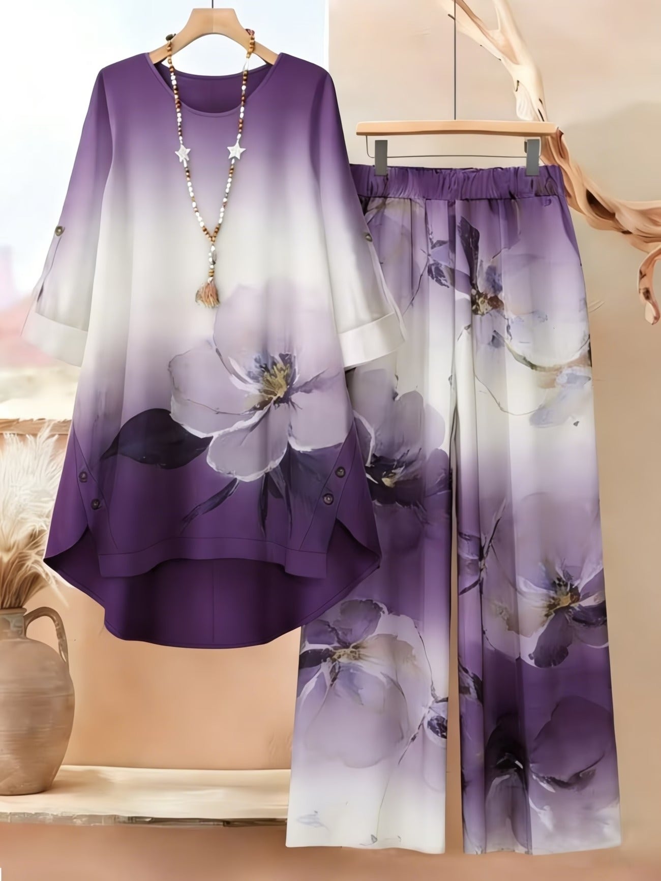 Asymmetrical Top with Floral Gradient Printed Wide-Leg Pants | Bohemian Everyday Style