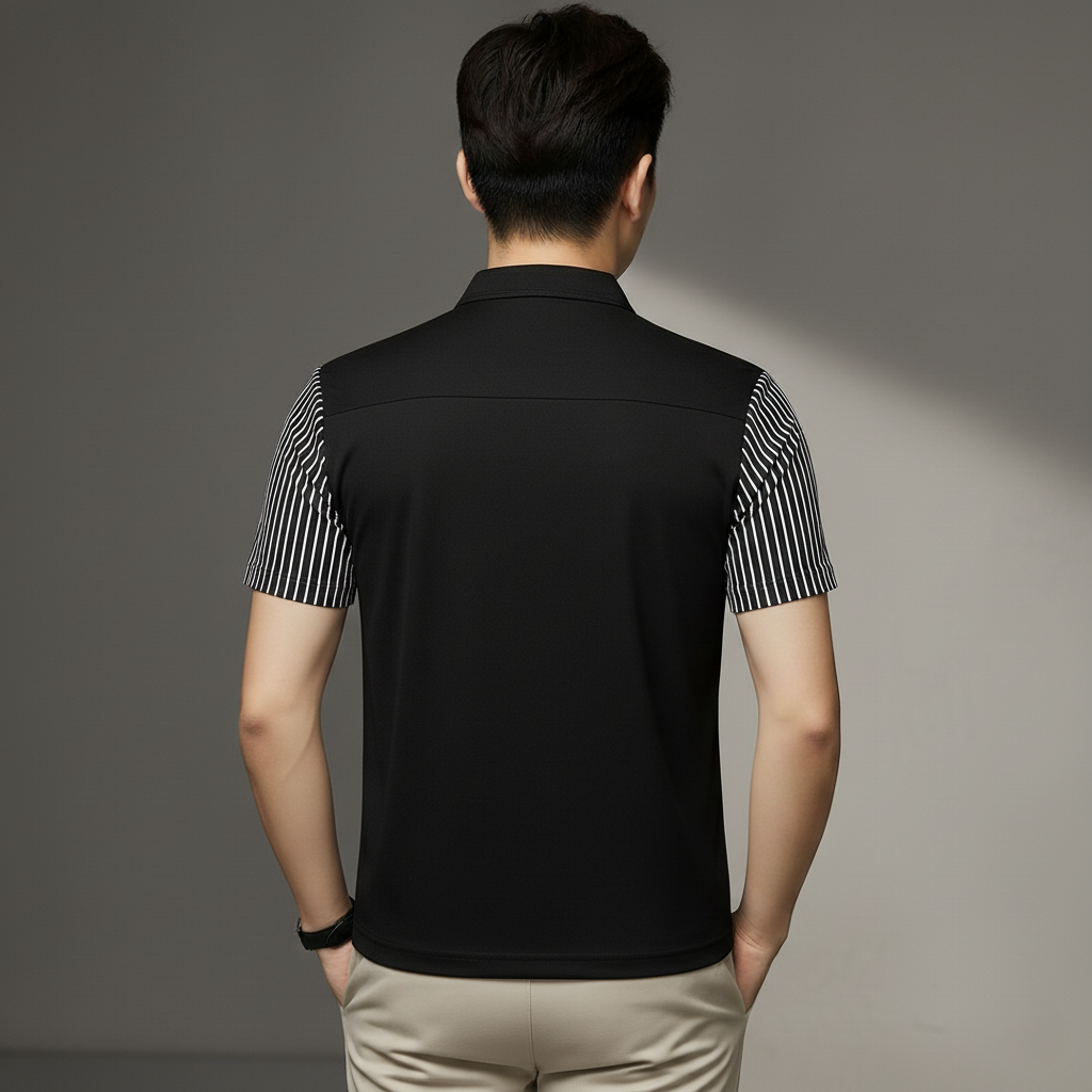 Men’s Black Polo T-Shirt with Striped Sleeves