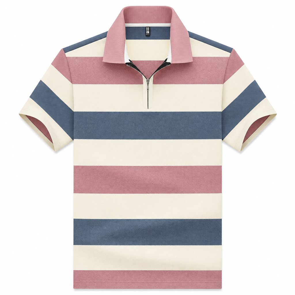 Men’s Pastel Blue Pink Striped Half-Zip Polo T-Shirt