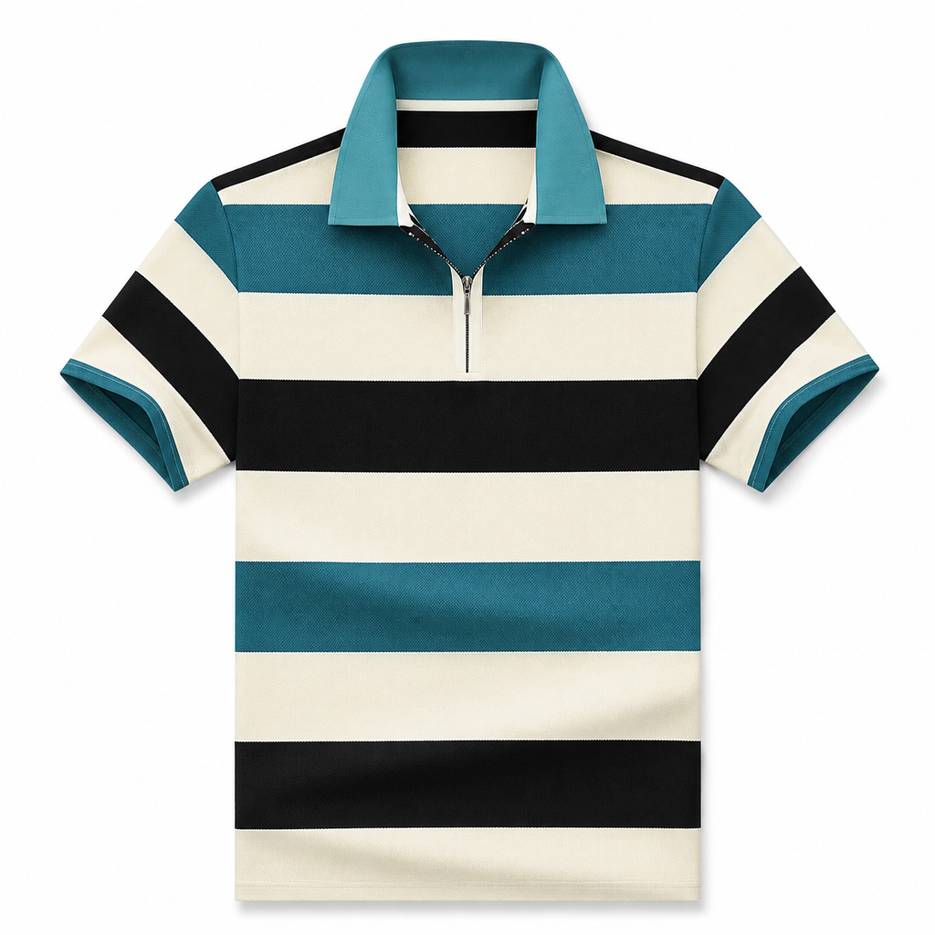 Men’s Teal Black Striped Half-Zip Polo T-Shirt