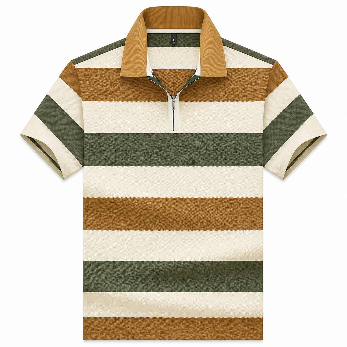Men’s Olive Tan Striped Half-Zip Polo T-Shirt