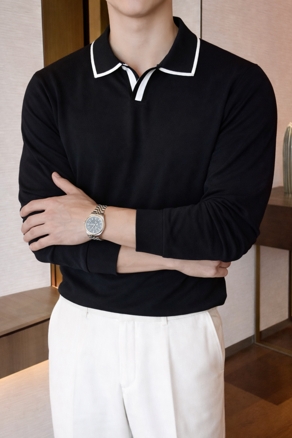Men’s Black Polo Collar Knit T-shirt with White Trim