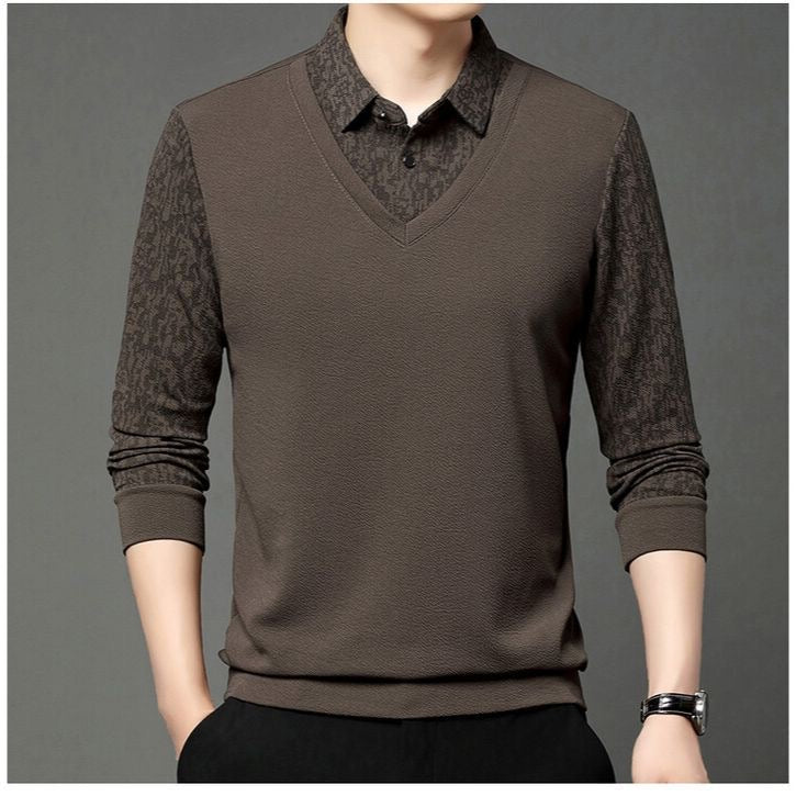 Men’s Brown V-Neck Layered Shirt Style Printed Full Sleeve T-Shirt
