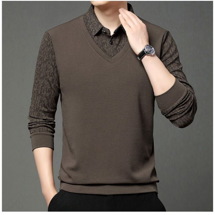 Men’s Brown V-Neck Layered Shirt Style Printed Full Sleeve T-Shirt