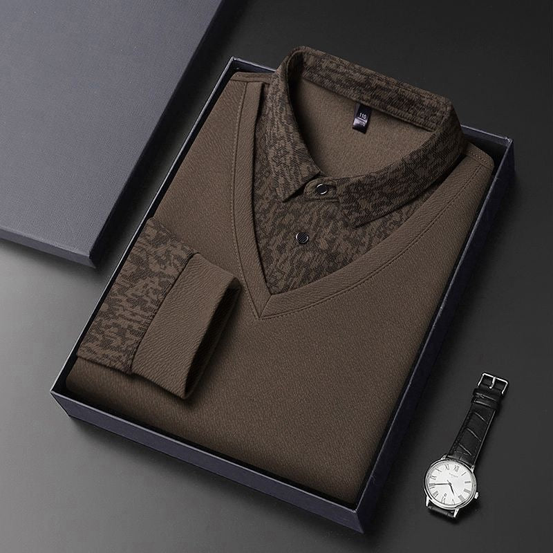 Men’s Brown V-Neck Layered Shirt Style Printed Full Sleeve T-Shirt