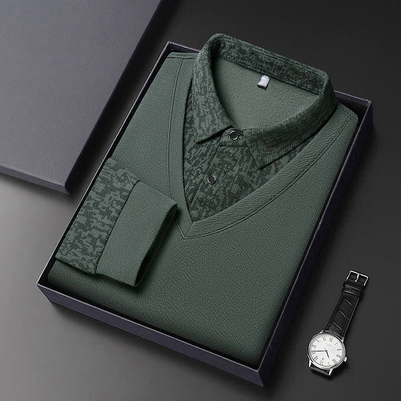Men’s Dark Olive Green V-Neck Layered Shirt Style Printed Full Sleeve T-Shirt