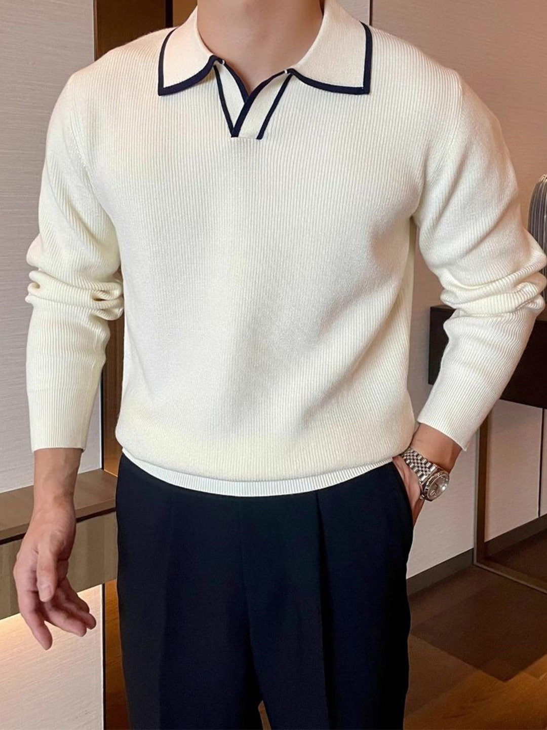 Men’s White Polo Collar Knit T-shirt with Black Trim