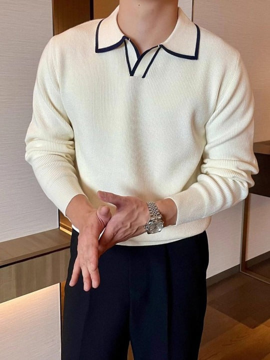 Men’s White Polo Collar Knit T-shirt with Black Trim